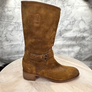 J.Crew Ryder Brown Leather Mid Calf Boots Womens 8.5 Pull On Buckle